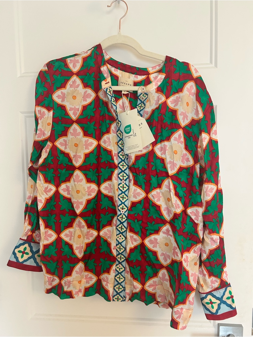 Sézane Floral Tile-Print Long Sleeve Blouse in Red & Green